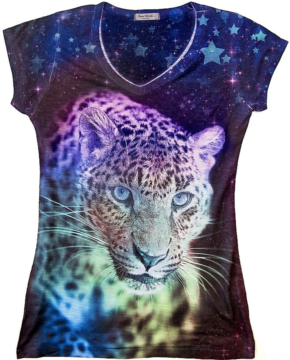 Sweet Gisele | Colorful 3D Leopard Blue V Neck T Shirt