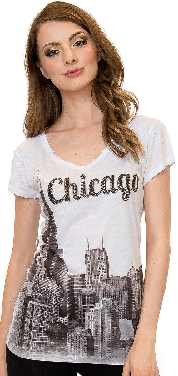 Sweet Gisele  New York NYC Skyline V Neck T Shirt with Rhinestone Bling