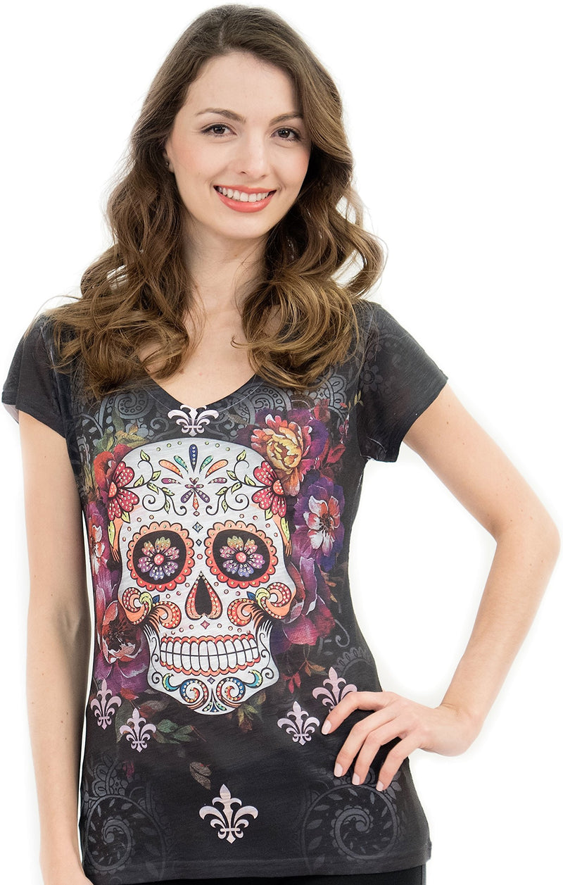 Sweet Gisele  Sugar Skull Grey V-Neck T-Shirt Tee with Sparkling