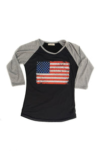 Vintage USA Flag Two-Tone 3/4 Sleeve T-Shirt - Sweet Gisele