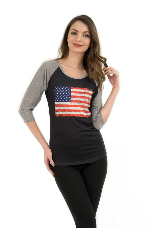 Vintage USA Flag Two-Tone 3/4 Sleeve T-Shirt - Sweet Gisele