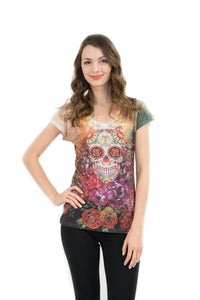 Sugar Skull V Neck T Shirt Beautiful Print Decorated with Rhinestones