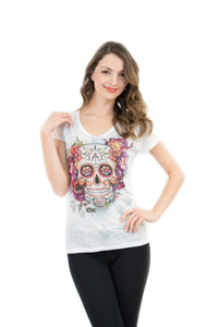 Sugar Skull V Neck T Shirt Tee Beautiful Print Decorated with Rhinestones - White