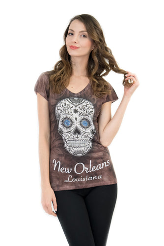 New Orleans Sugar Skull V-Neck Bling-Embellished T-Shirt - Sweet Gisele
